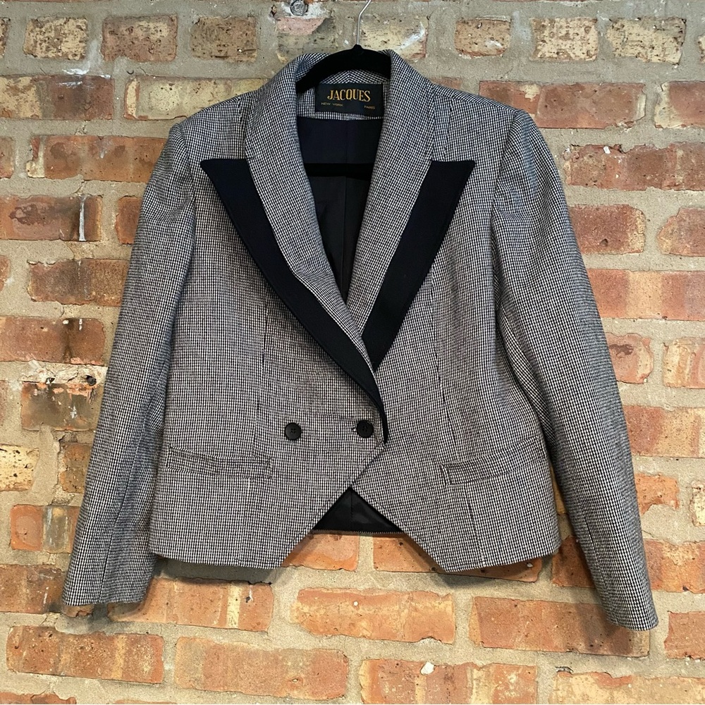 Vintage Jacques Women's Houndstooth Wool Blazer Jacket size 10 grey black blazer
